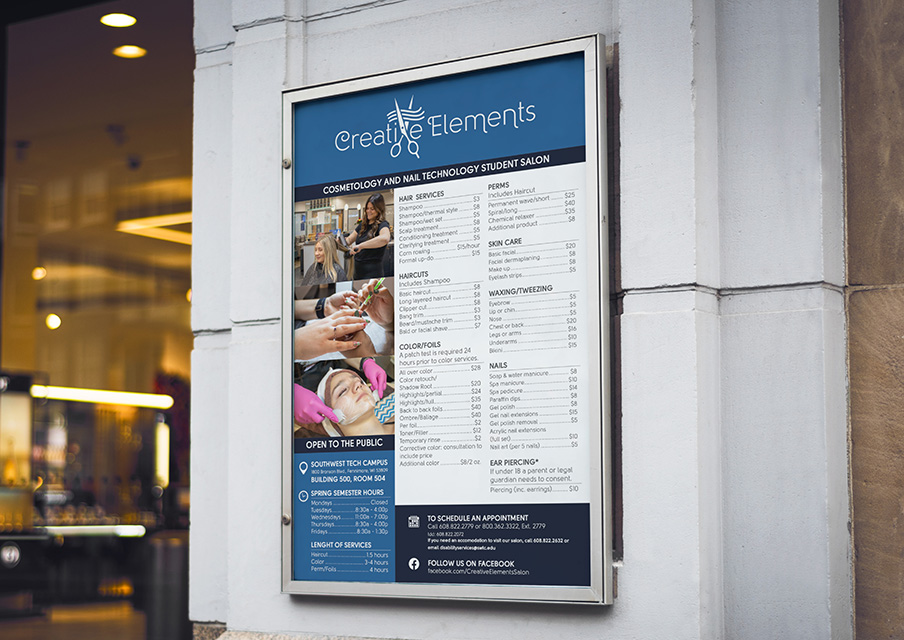 Promotional poster for Creative Elements cosmetology and nail technology student salon, showing services, prices, and contact information, displayed in an exterior sign frame.